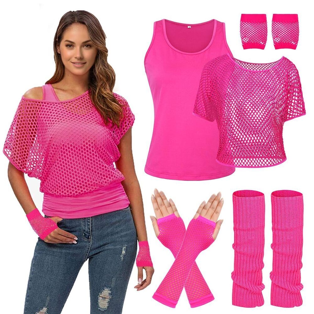 6300 80s Costume: Neon Off Shoulder T-Shirt & Fishnet Accessories Pink, XS